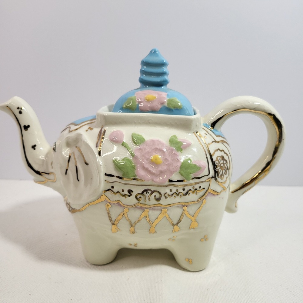 Vintage Ceramic Elephant Teapot White Gold Gilt Pink Floral Blue Lid Decorative